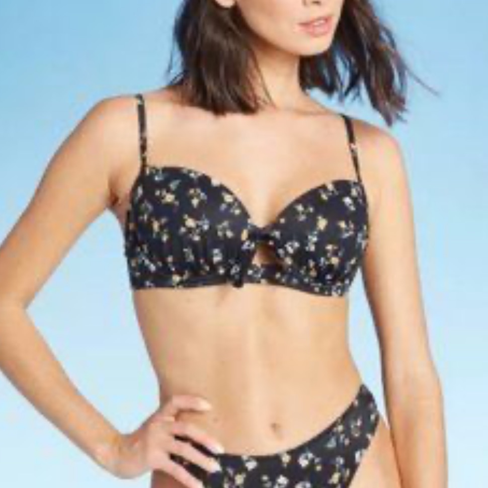 Shade & Shore Yellowish Gold Floral Black 2 Piece Bikini 36c Large Bottoms